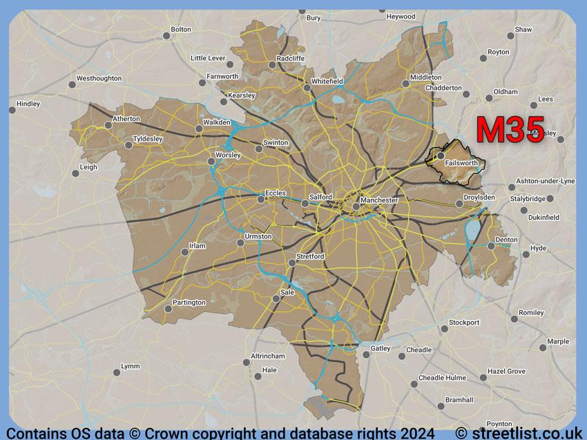 Where the M35 postcode district lies within the wider  postcode area