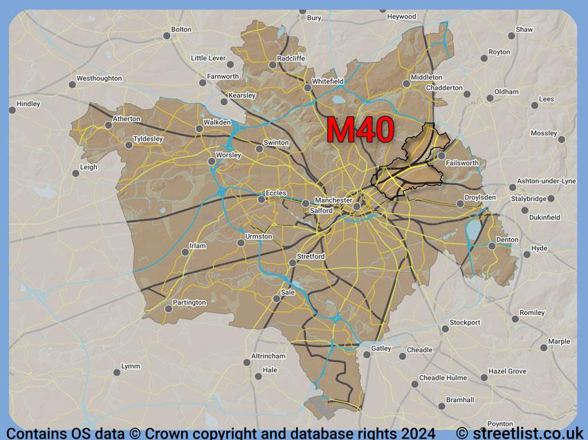 Where the M40 postcode district lies within the wider  postcode area