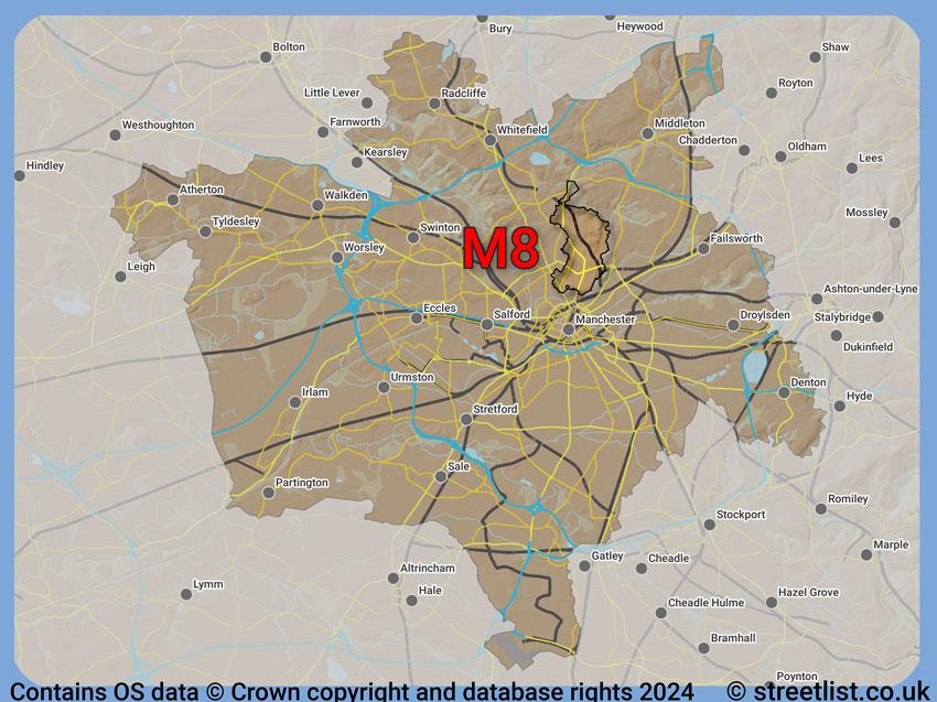 Where the M8 postcode district lies within the wider  postcode area