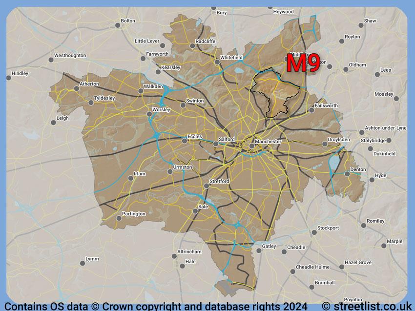 Where the M9 postcode district lies within the wider  postcode area