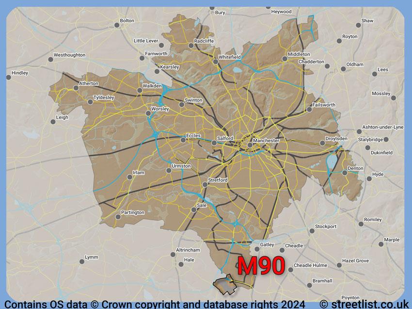 Where the M90 postcode district lies within the wider  postcode area