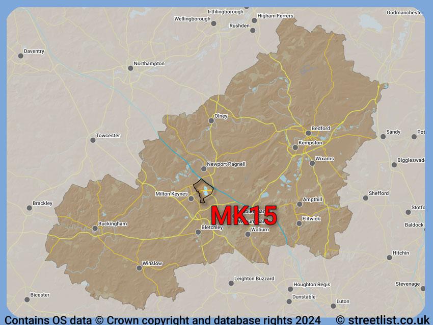 Where the MK15 postcode district lies within the wider  postcode area