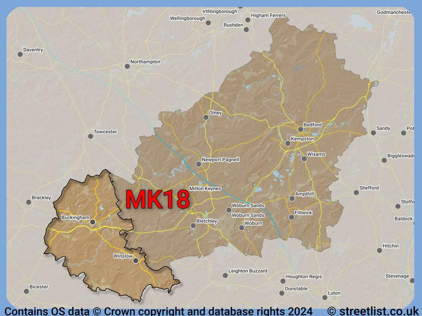 Where the MK18 postcode district lies within the wider  postcode area