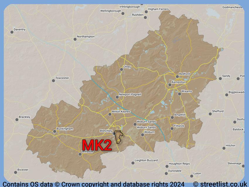 Where the MK2 postcode district lies within the wider  postcode area