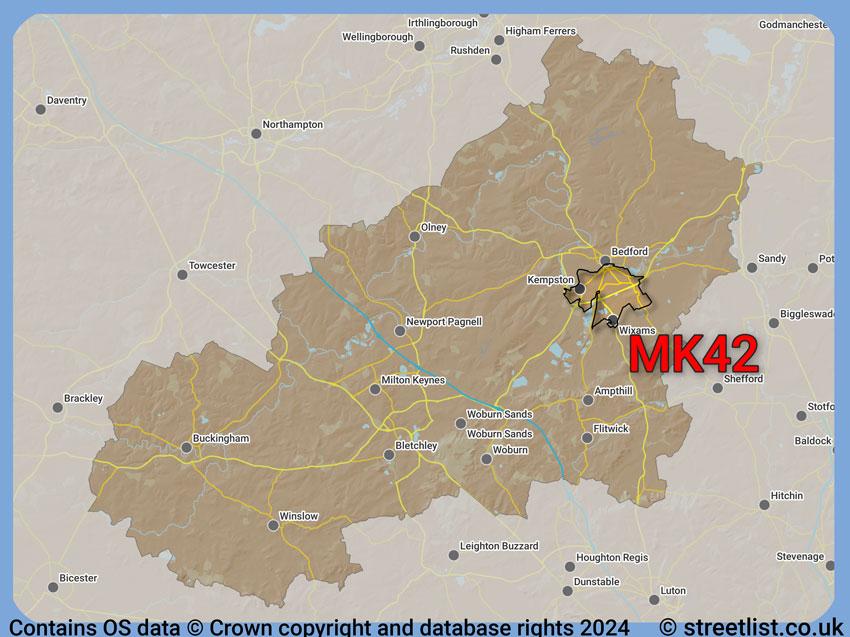 Where the MK42 postcode district lies within the wider  postcode area