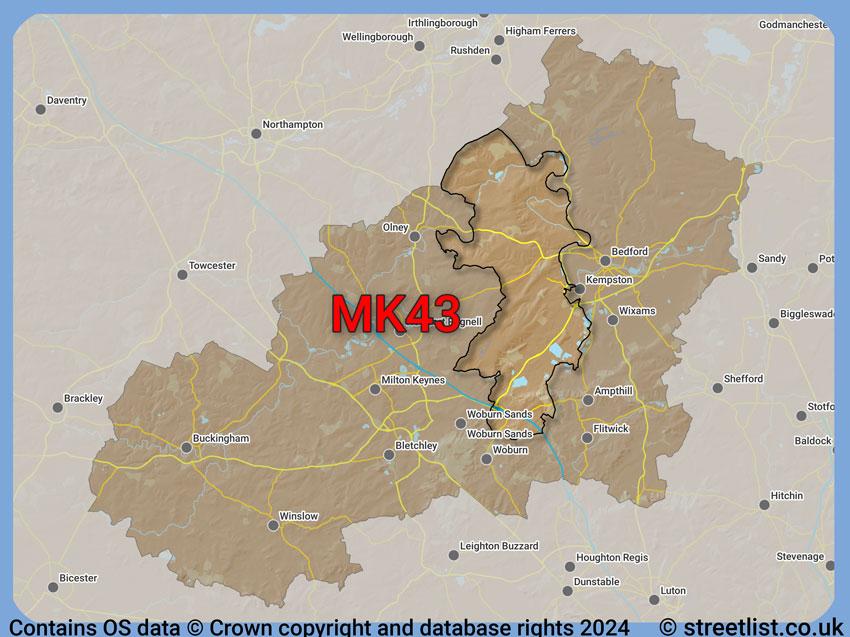 Where the MK43 postcode district lies within the wider  postcode area