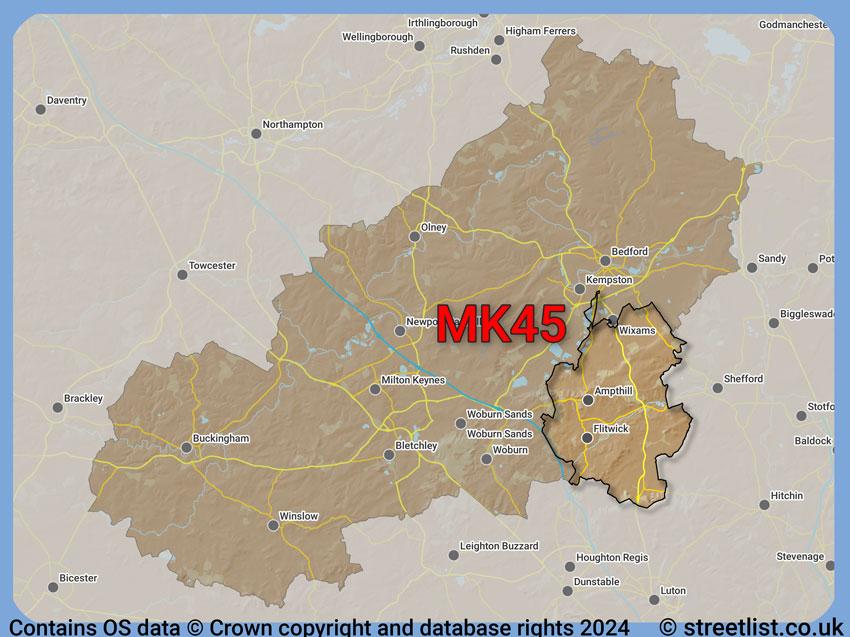 Where the MK45 postcode district lies within the wider  postcode area