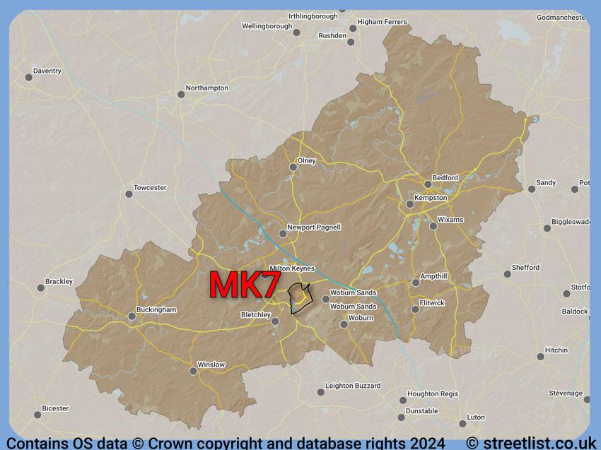 Where the MK7 postcode district lies within the wider  postcode area