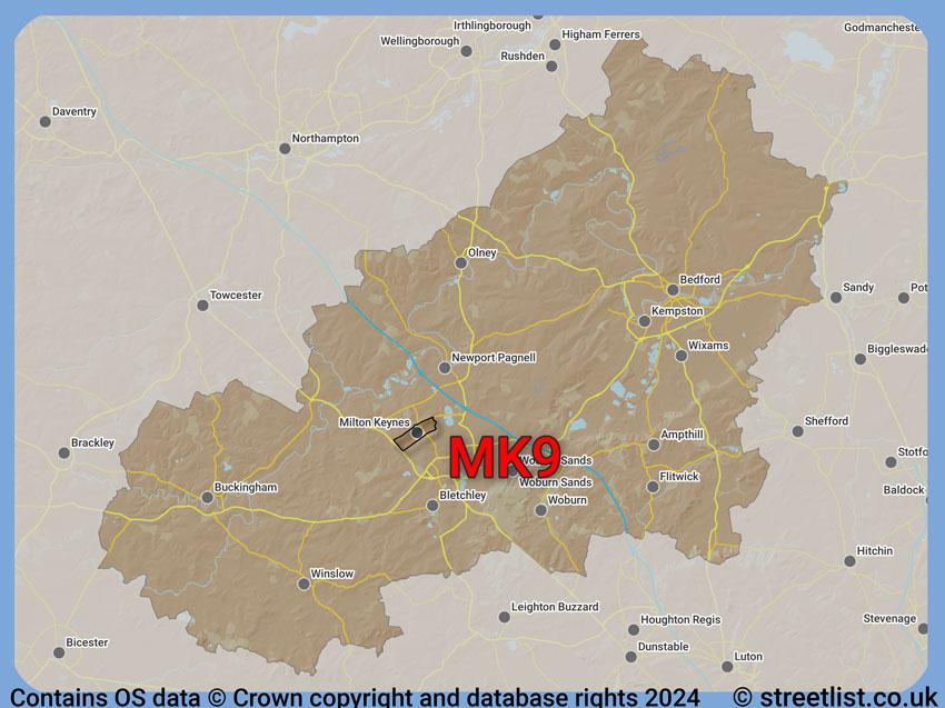 Where the MK9 postcode district lies within the wider  postcode area