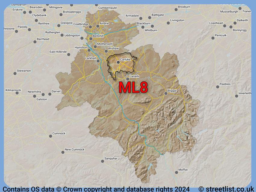 Where the ML8 postcode district lies within the wider  postcode area