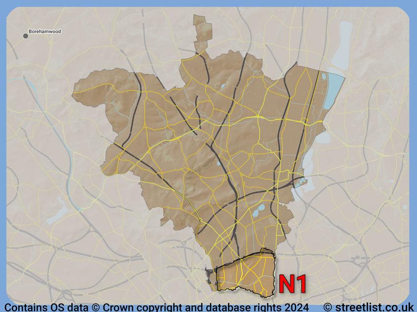 Where the N1 postcode district lies within the wider  postcode area