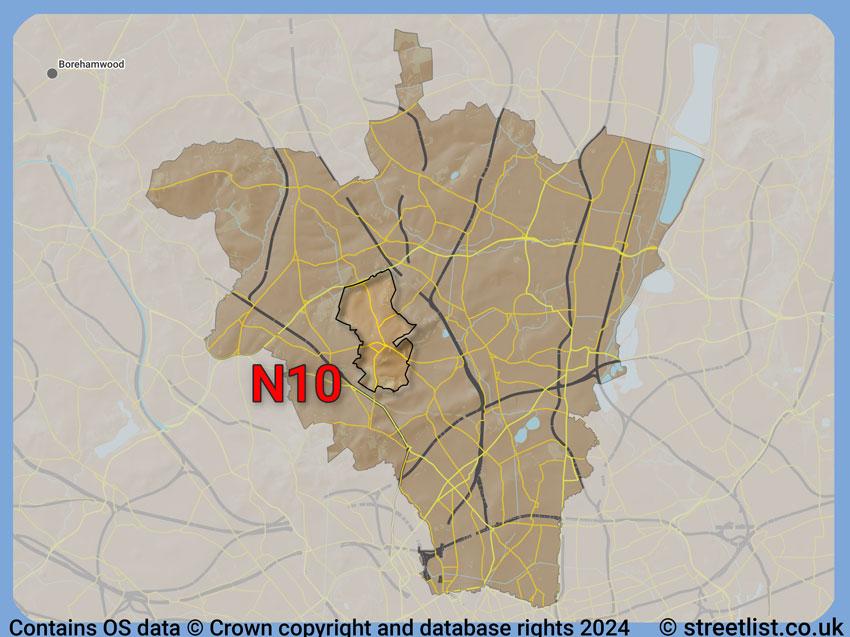 Where the N10 postcode district lies within the wider  postcode area