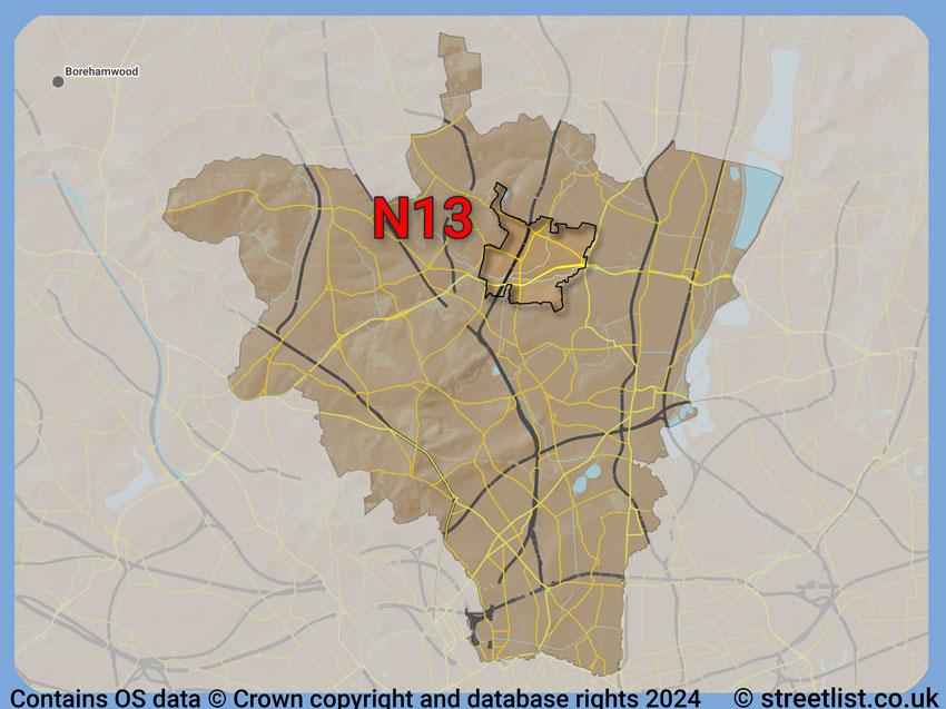 Where the N13 postcode district lies within the wider  postcode area