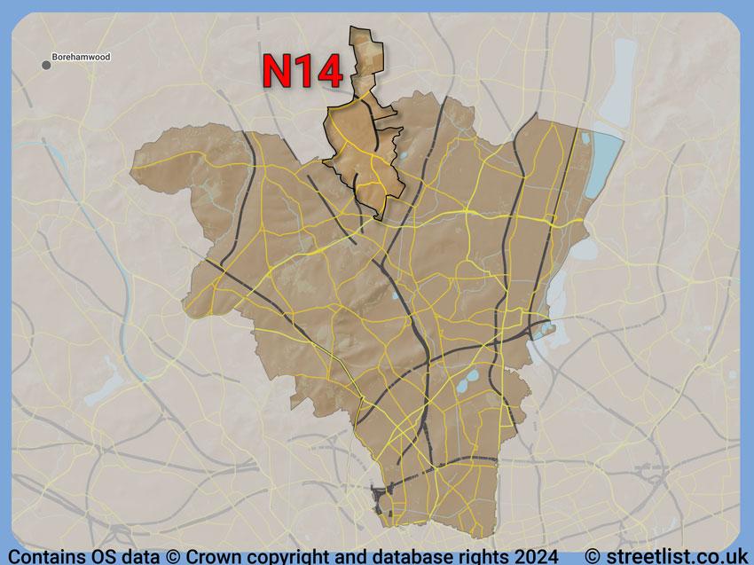 Where the N14 postcode district lies within the wider  postcode area