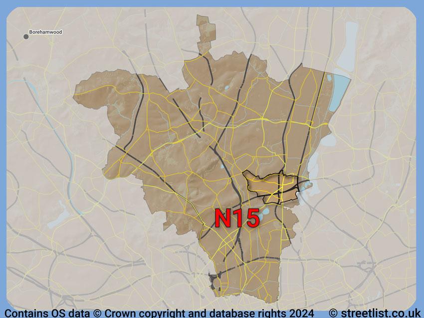 Where the N15 postcode district lies within the wider  postcode area