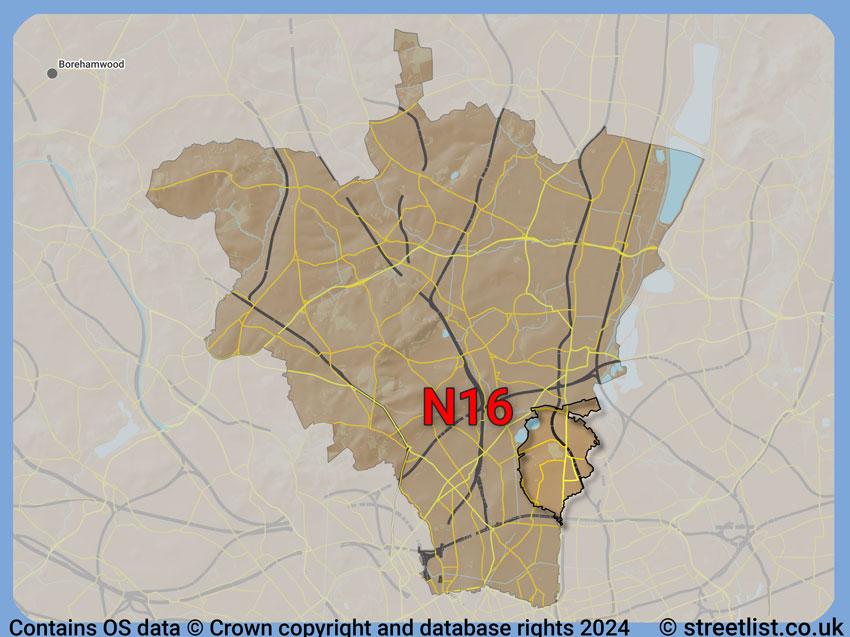 Where the N16 postcode district lies within the wider  postcode area