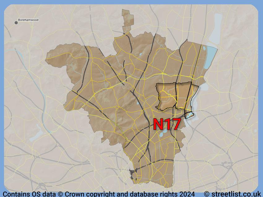 Where the N17 postcode district lies within the wider  postcode area