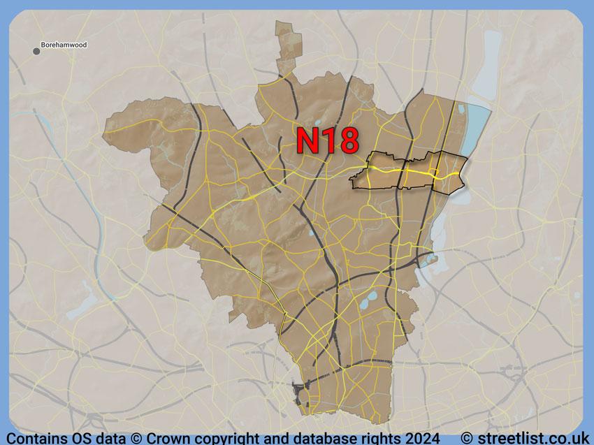 Where the N18 postcode district lies within the wider  postcode area