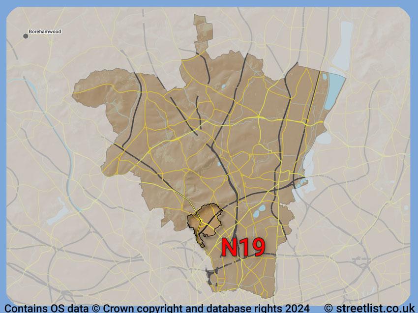 Where the N19 postcode district lies within the wider  postcode area