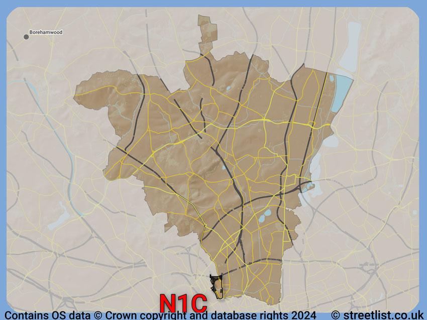 Where the N1C postcode district lies within the wider  postcode area