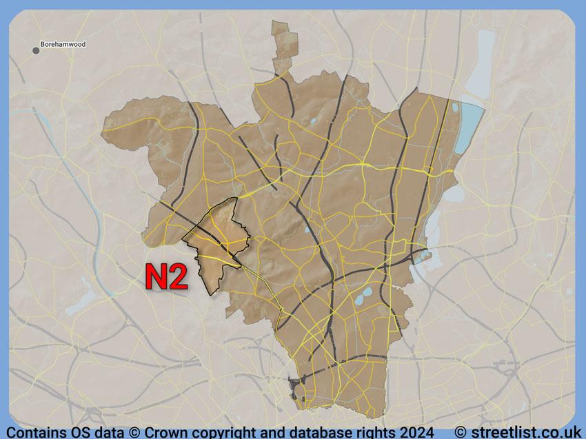 Where the N2 postcode district lies within the wider  postcode area