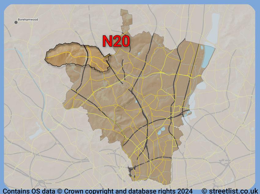 Where the N20 postcode district lies within the wider  postcode area