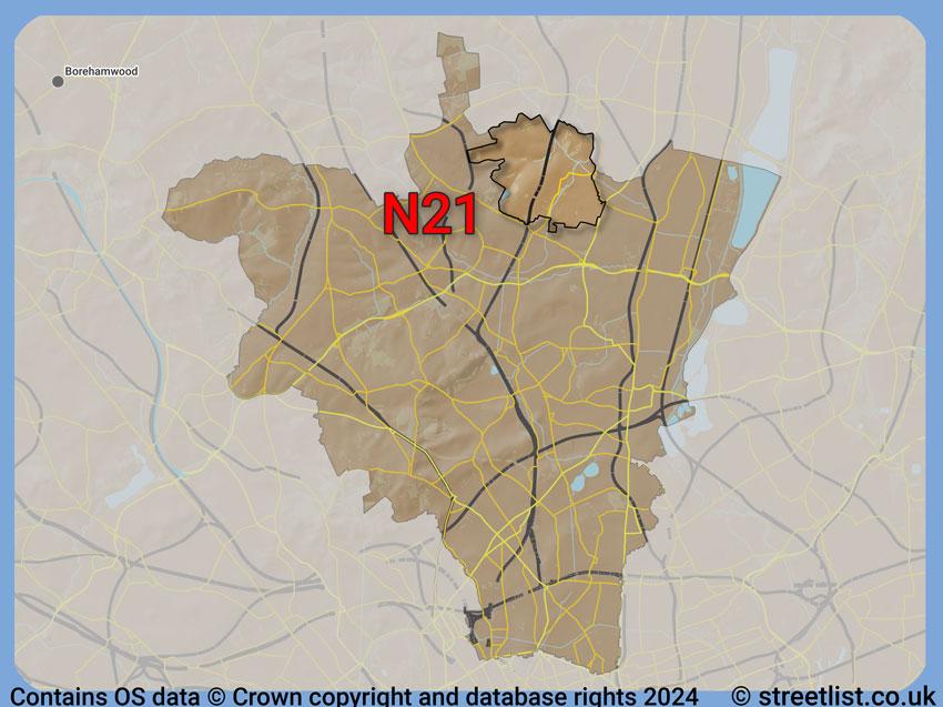 Where the N21 postcode district lies within the wider  postcode area