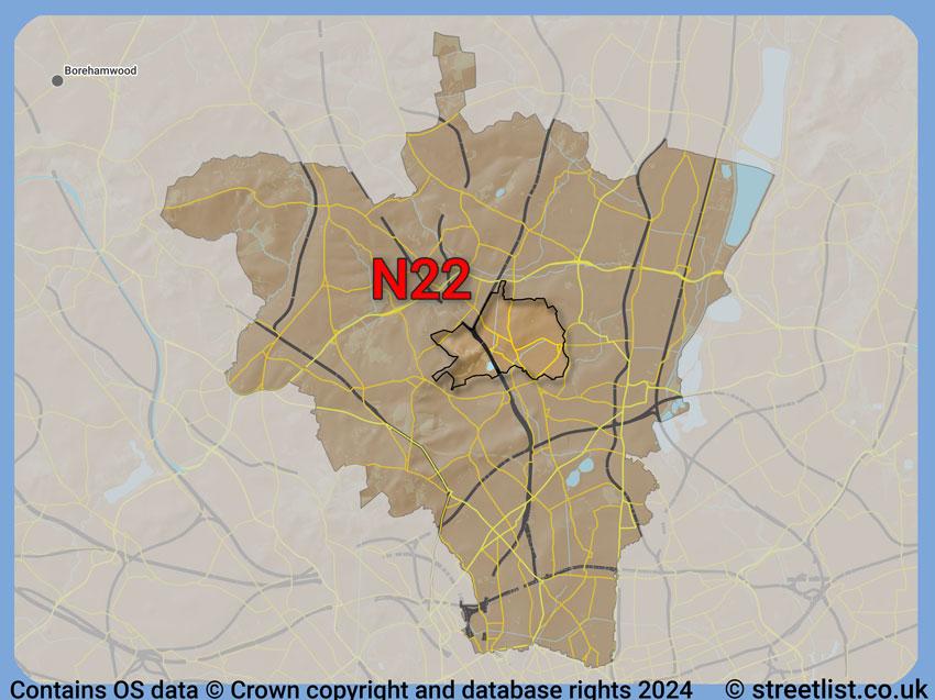 Where the N22 postcode district lies within the wider  postcode area