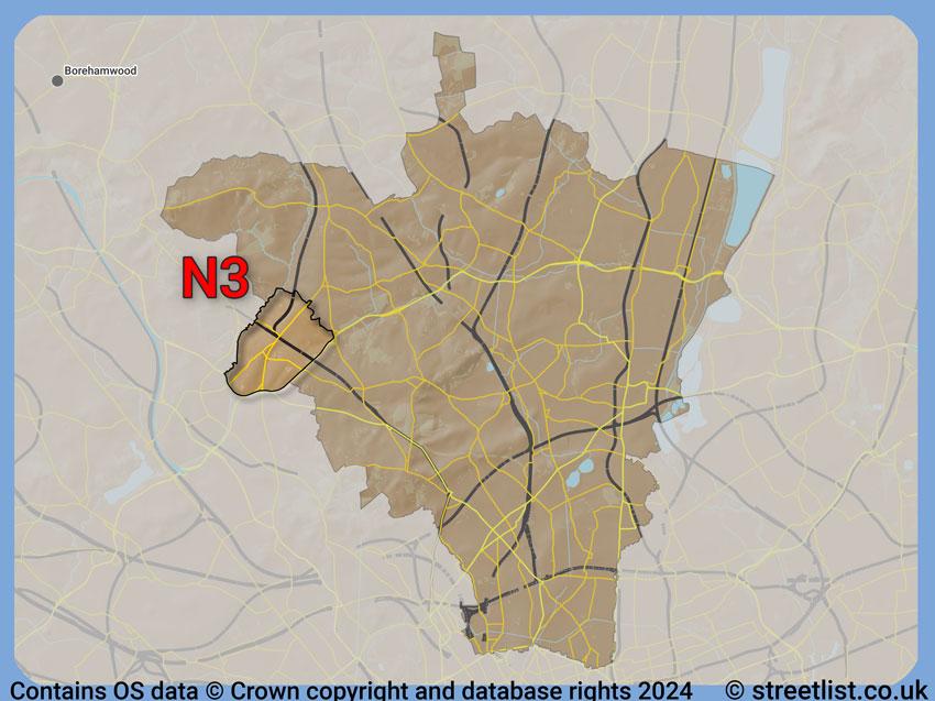 Where the N3 postcode district lies within the wider  postcode area