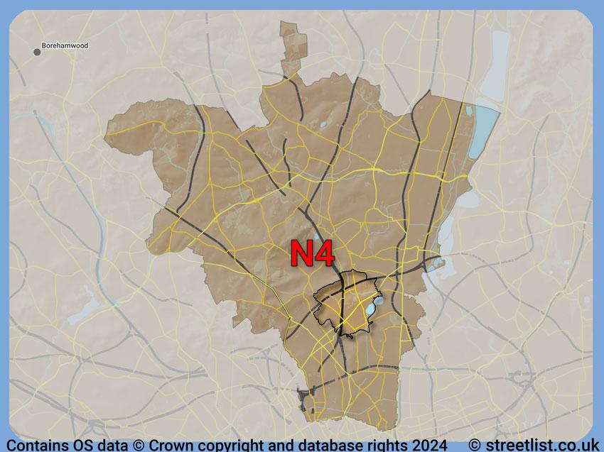 Where the N4 postcode district lies within the wider  postcode area