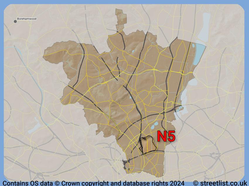 Where the N5 postcode district lies within the wider  postcode area