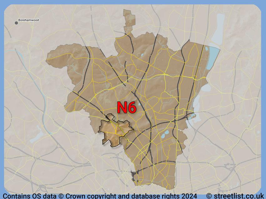 Where the N6 postcode district lies within the wider  postcode area