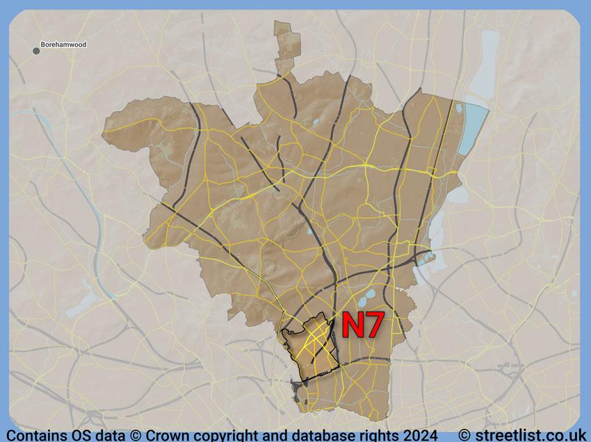 Where the N7 postcode district lies within the wider  postcode area