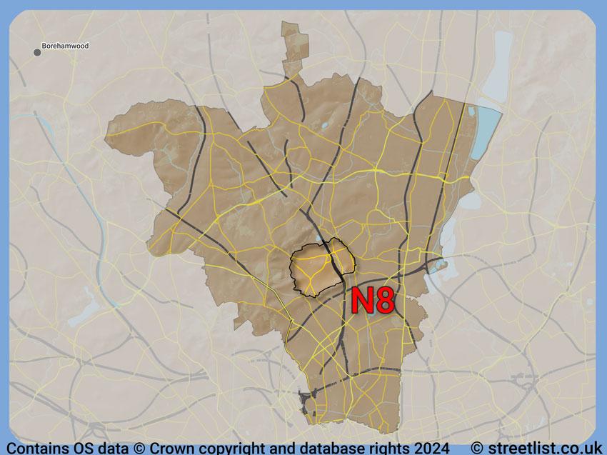 Where the N8 postcode district lies within the wider  postcode area