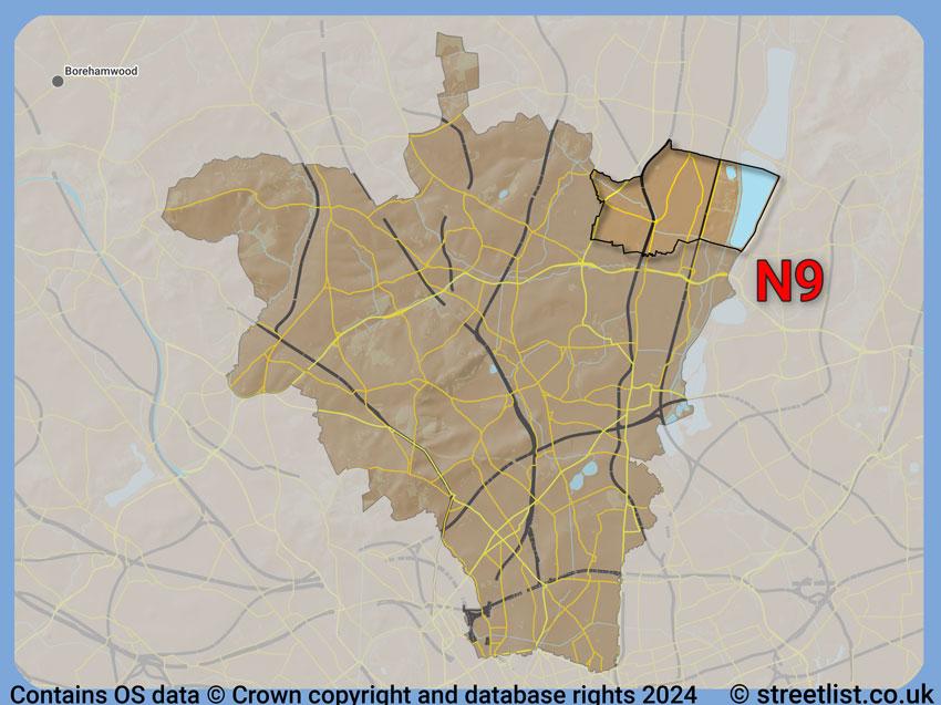 Where the N9 postcode district lies within the wider  postcode area