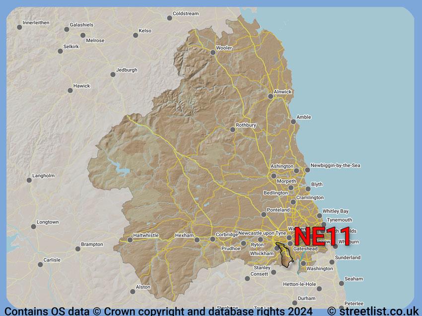 Where the NE11 postcode district lies within the wider  postcode area