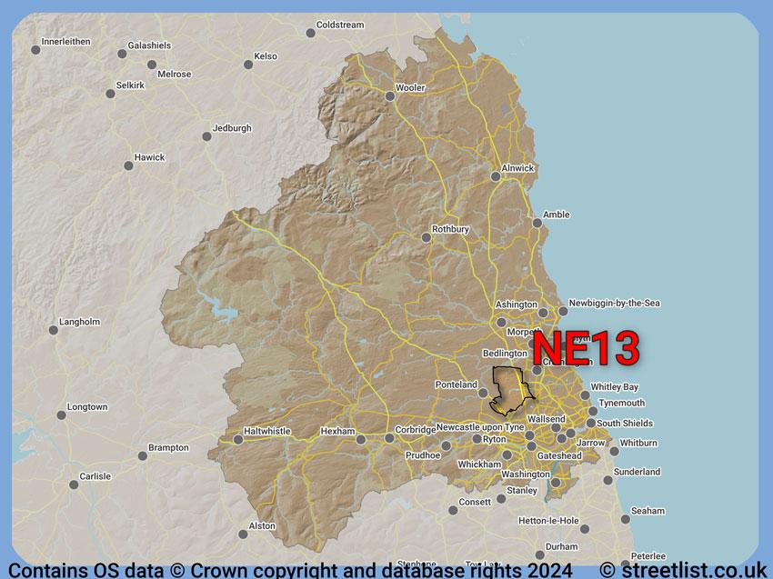 Where the NE13 postcode district lies within the wider  postcode area