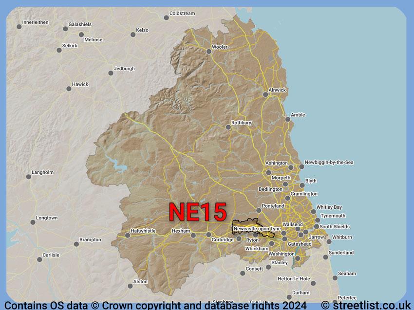 Where the NE15 postcode district lies within the wider  postcode area