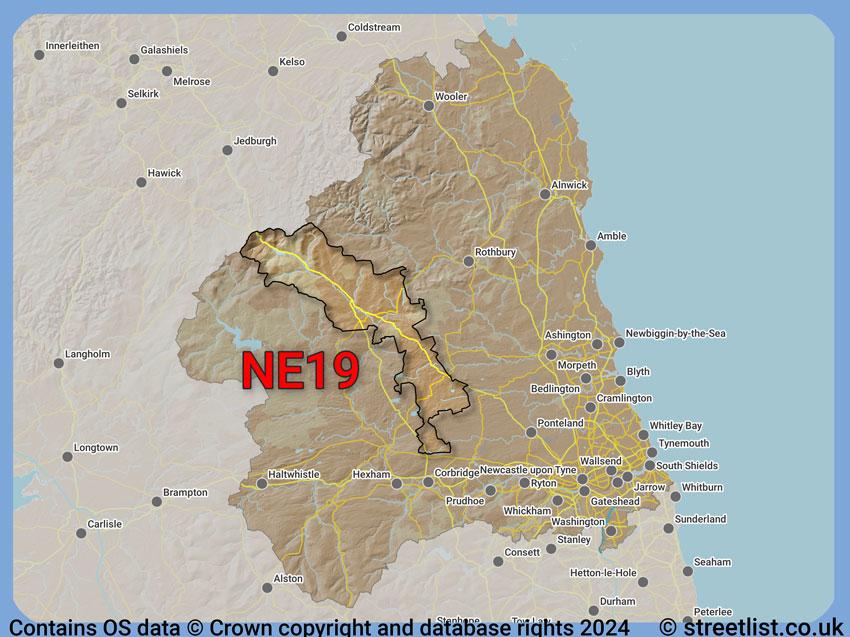 Where the NE19 postcode district lies within the wider  postcode area