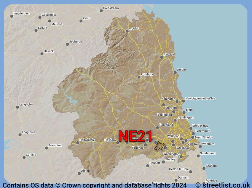 Where the NE21 postcode district lies within the wider  postcode area