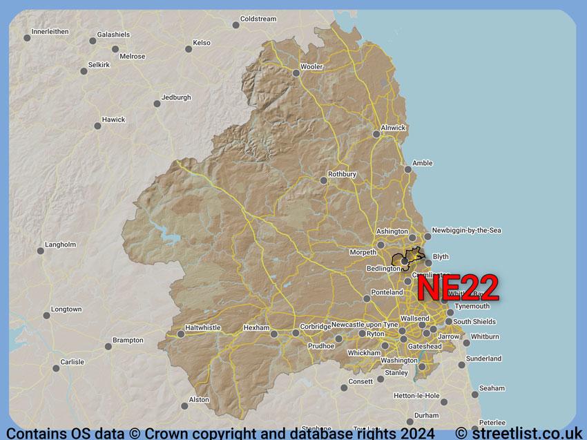 Where the NE22 postcode district lies within the wider  postcode area