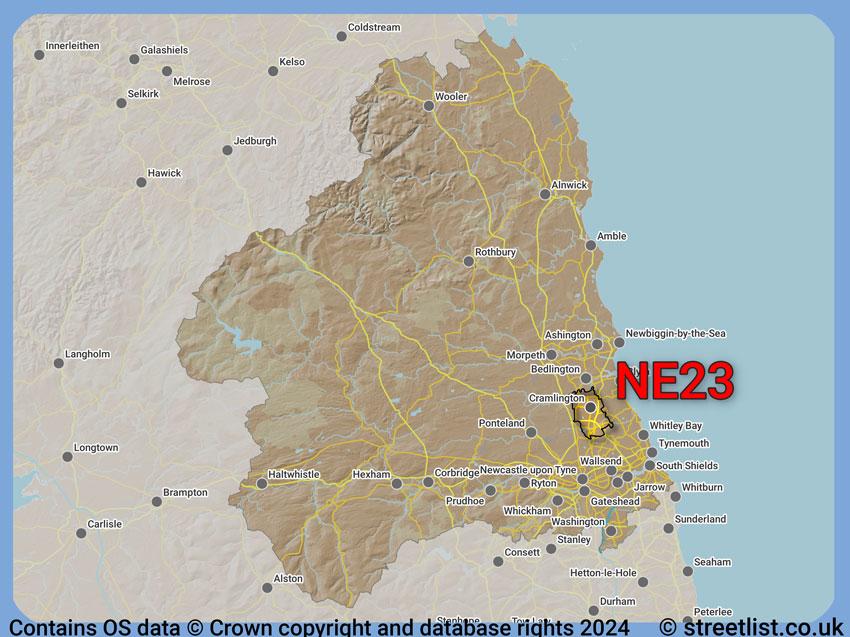 Where the NE23 postcode district lies within the wider  postcode area