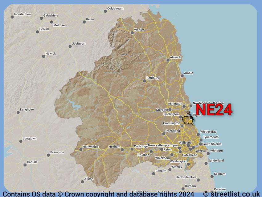 Where the NE24 postcode district lies within the wider  postcode area