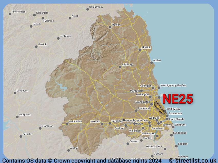 Where the NE25 postcode district lies within the wider  postcode area