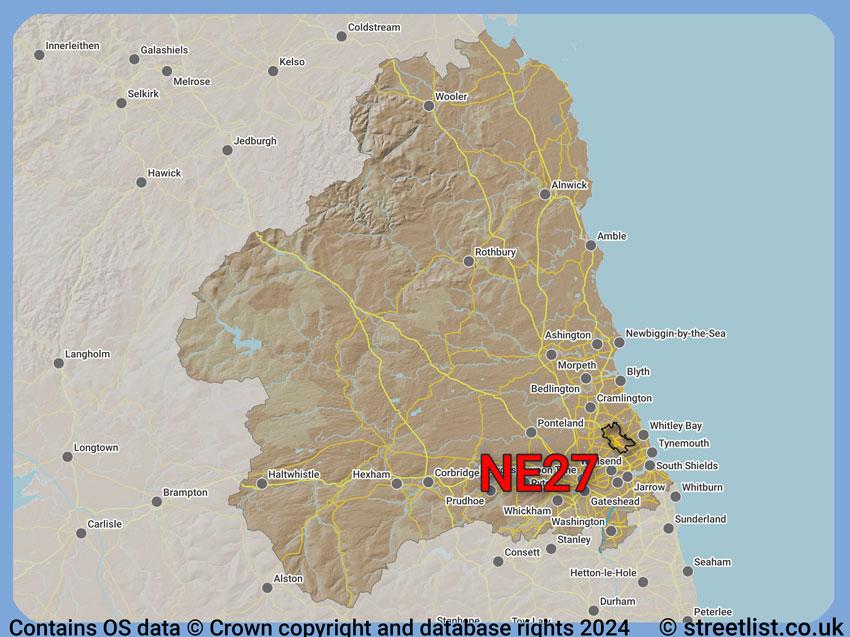 Where the NE27 postcode district lies within the wider  postcode area