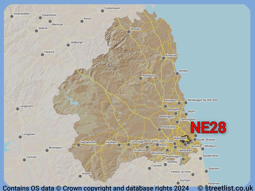 Where the NE28 postcode district lies within the wider  postcode area