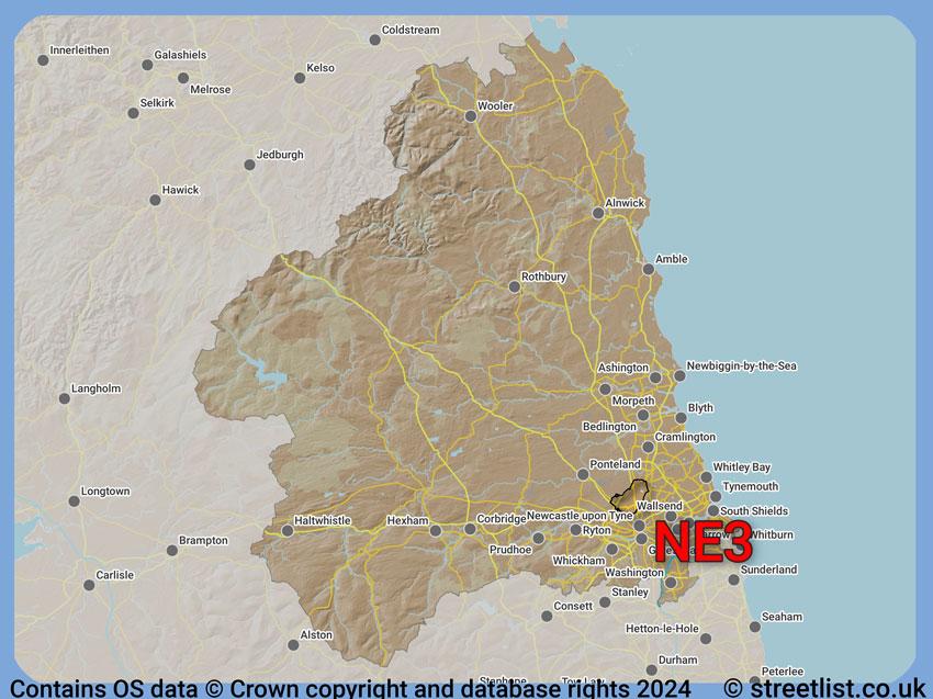 Where the NE3 postcode district lies within the wider  postcode area