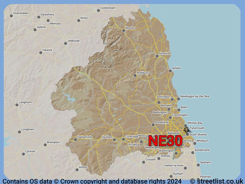 Where the NE30 postcode district lies within the wider  postcode area