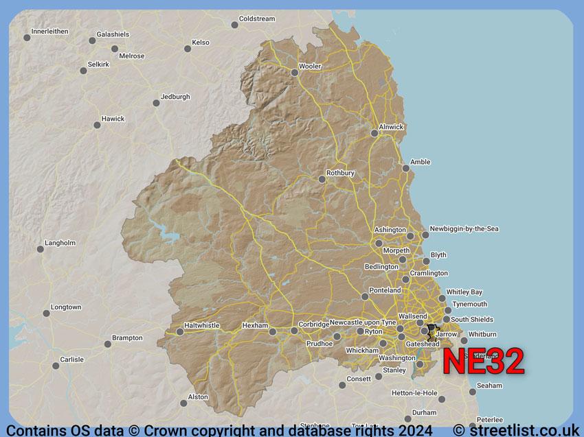 Where the NE32 postcode district lies within the wider  postcode area