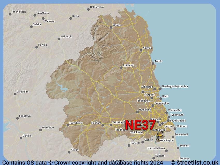 Where the NE37 postcode district lies within the wider  postcode area